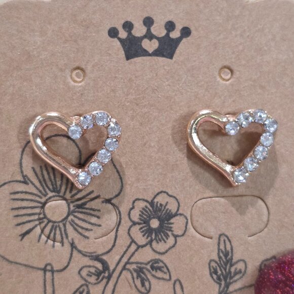 NOS Rose Gold Open HEART Rhinestone Accent Stud Pierced Earrings - Picture 3 of 9